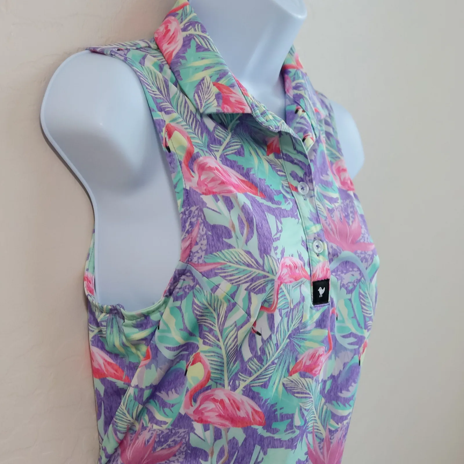 Bad Birdie Sleeveless Golf Polo Shirt Flamingo "Mingos"‎ Print Women's XS Purple - Image 7