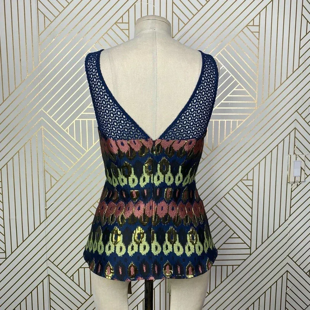 Anthropologie HD in Paris Yana Jacquard Top Blouse‎ Peplum Metallic Blue Size 2 - Image 8