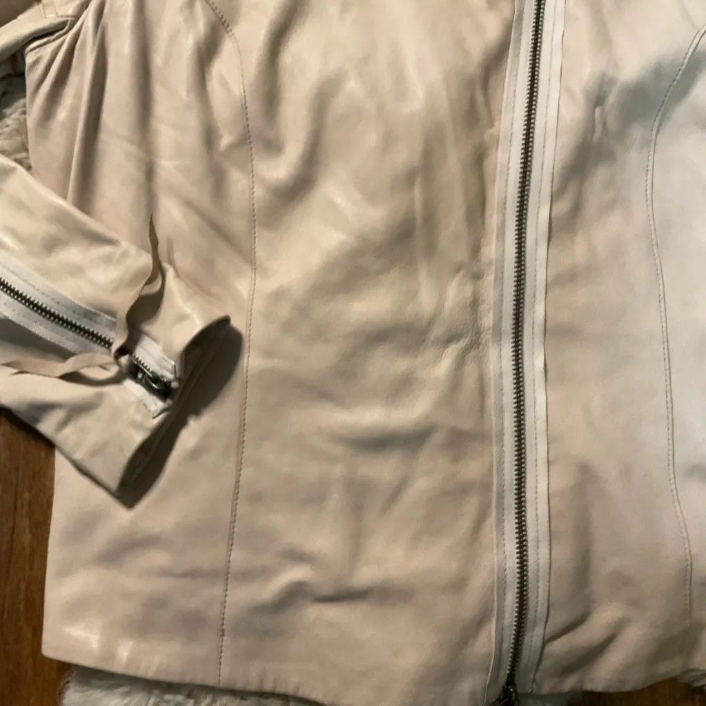 Sundance Jacket Womens Medium Lambskin Leather Linen Cream Zipper Moto Soft - Image 3