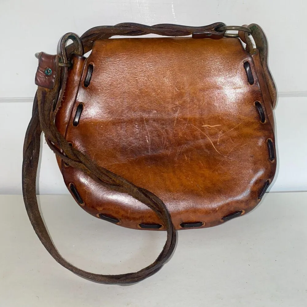 Genuine Etched Boho Saddle Braided Leather Shoulder Handcrafted 3 Cross Handbag - Image 9