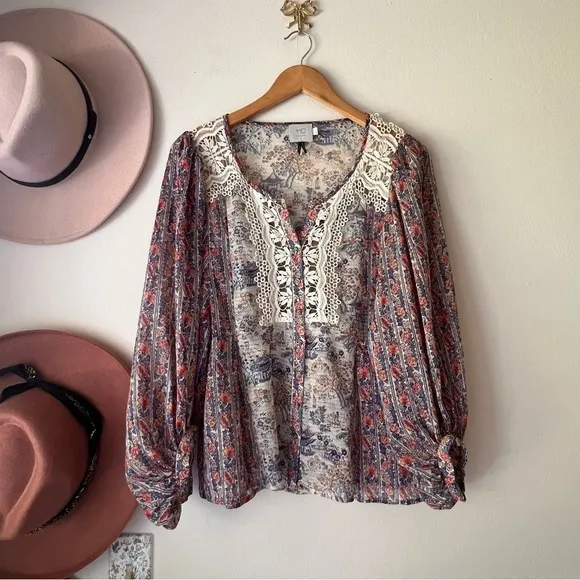 ANTHROPOLOGIE HD IN PARIS Chinoiserie Peasant‎ Blouse BOHO FLORAL SHEER Size 2 - Image 2