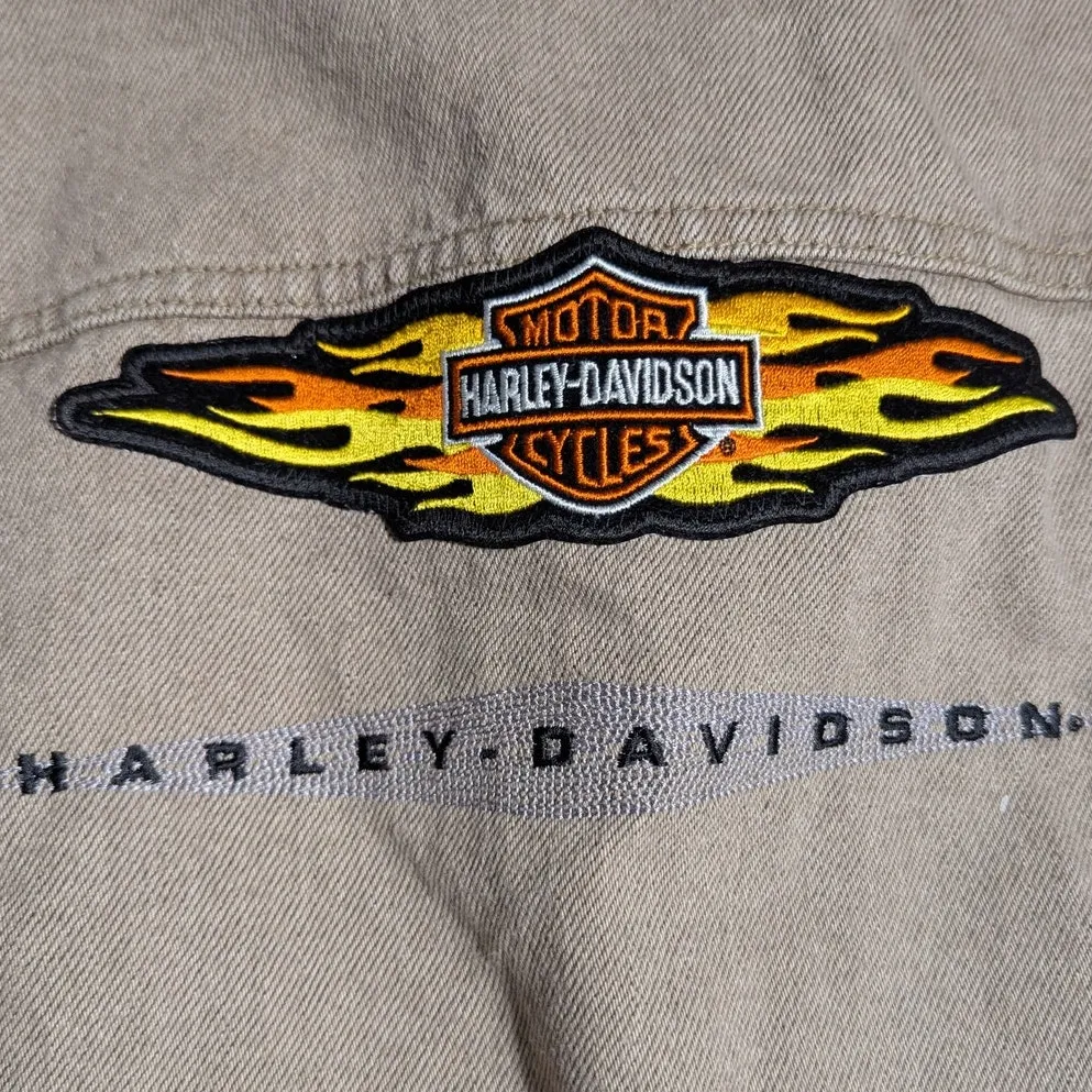 Vtg 1990s Harley Davidson Beige Denim Owners Group Flames Patch Biker Jacket L Tan Size L - Image 4