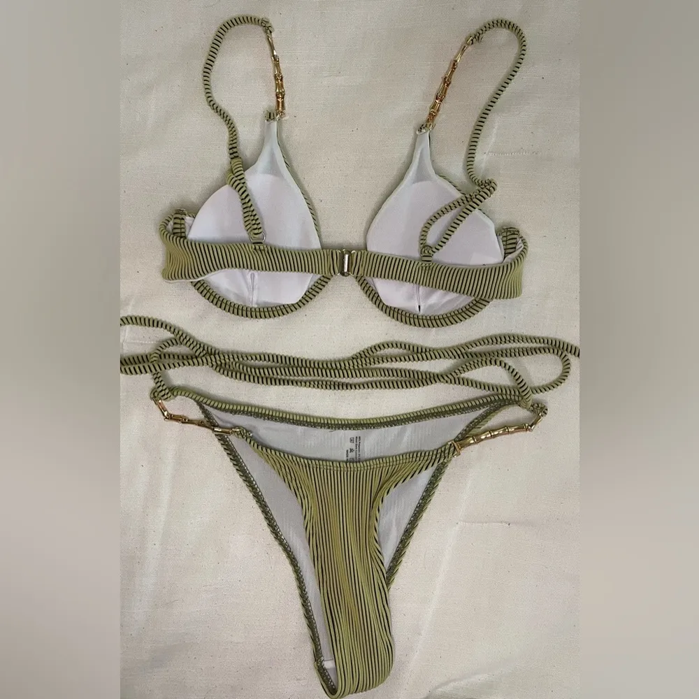 SHEIN Ribbed Chain Linked Lace Up Underwire Bikini, Green, Size S, NWOT - Image 7