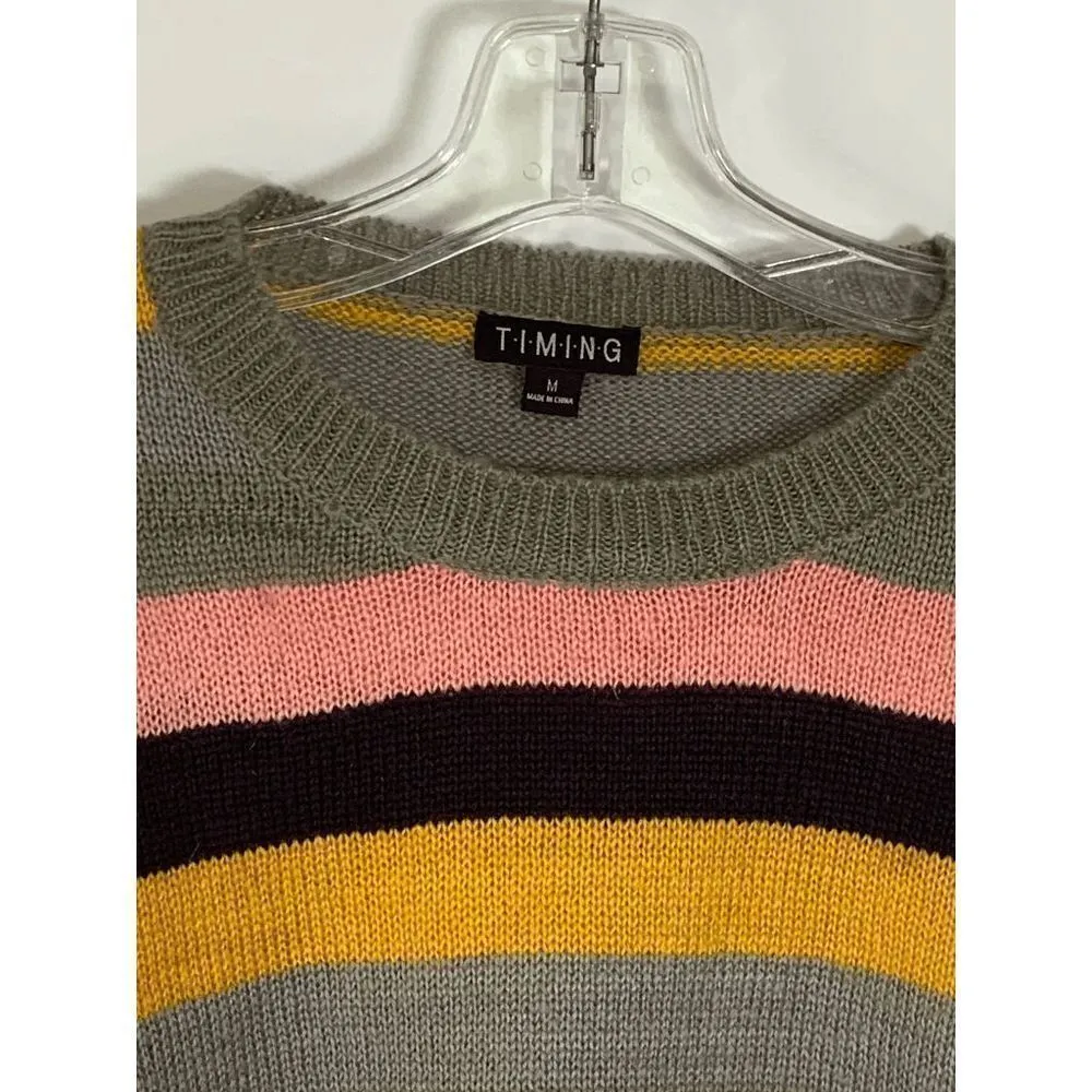 TIMING Women's Tight-Knit Multicolor Stripe Pullover Crop Sweater Size M - Image 4