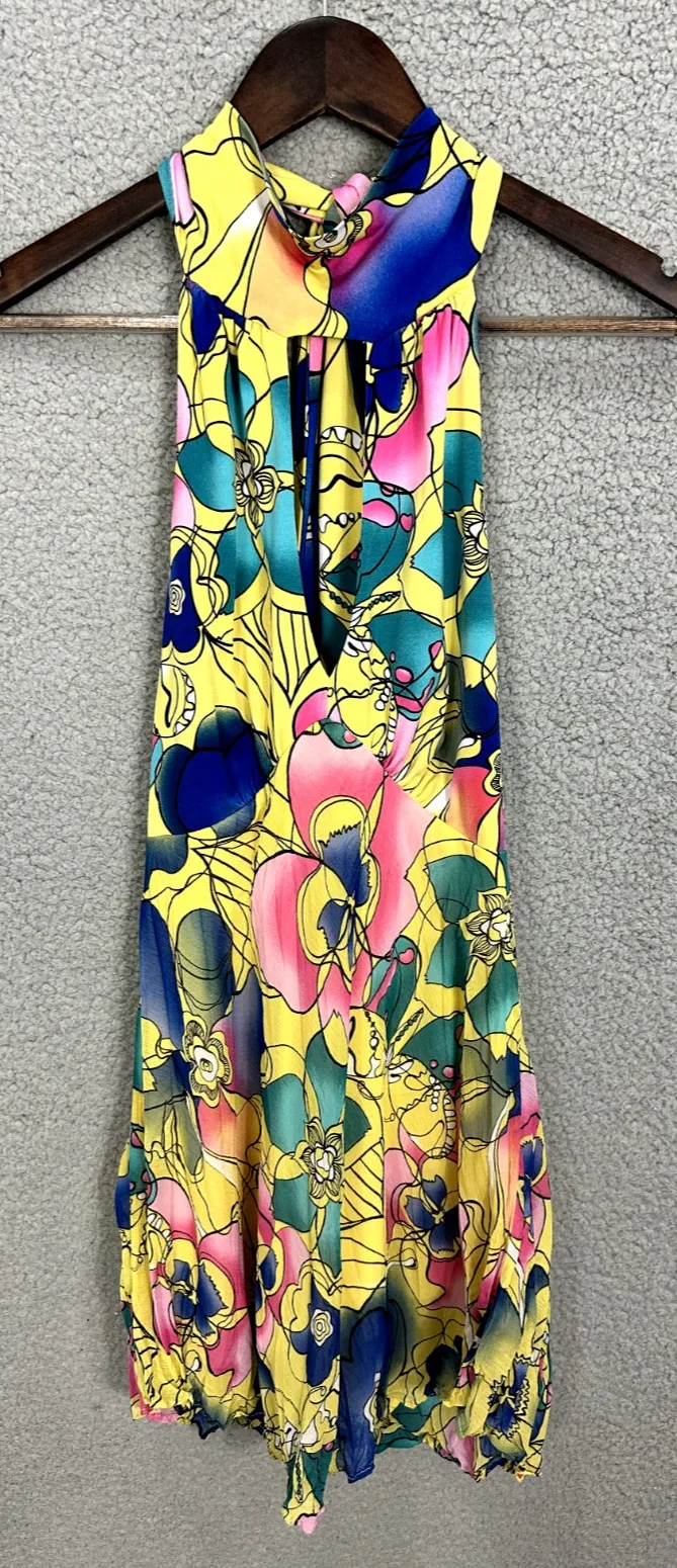 Bisou Bisou Halter Mini Dress S Yellow Pink Blue Floral Retro Mod Y2K Festival - Image 1