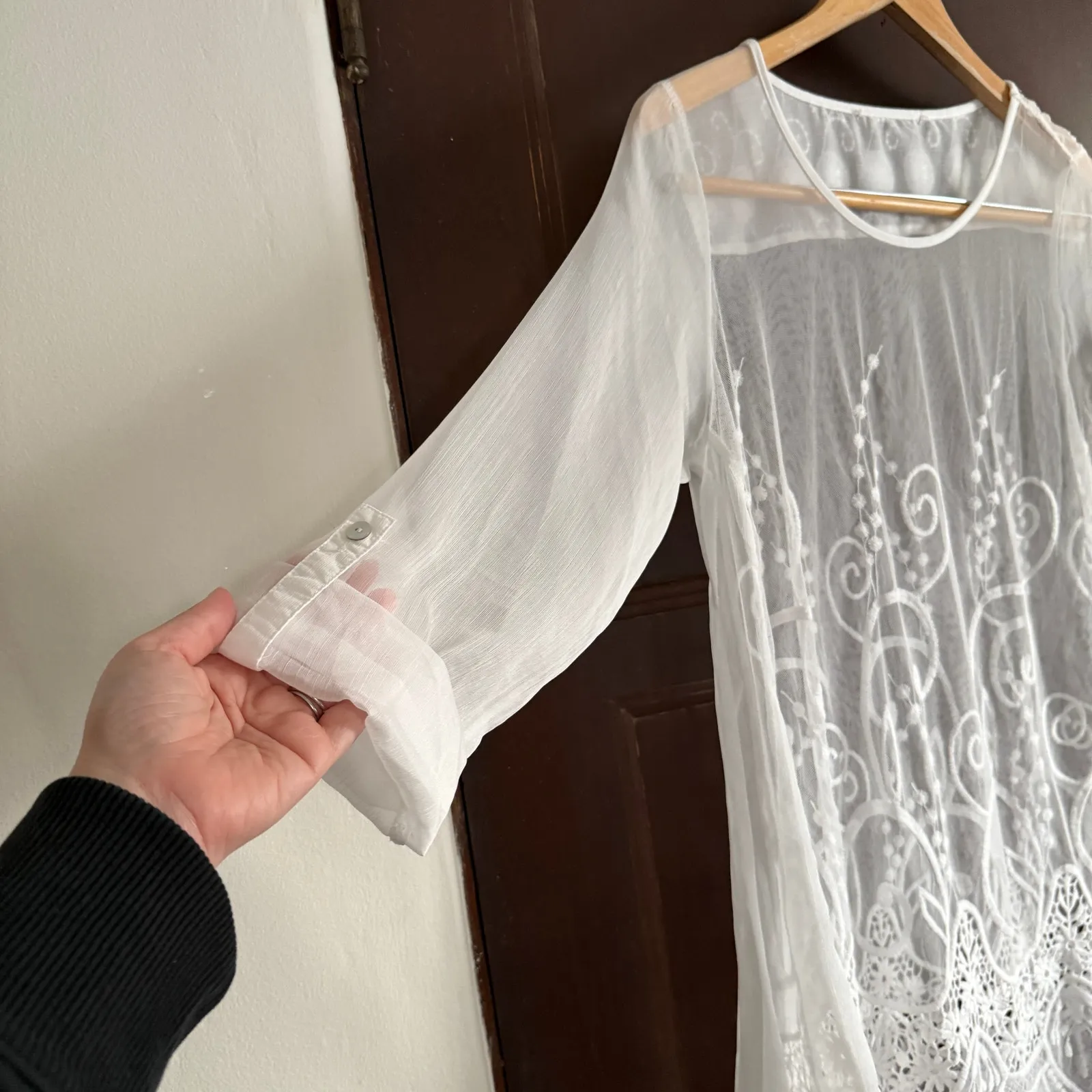 White Sheer Embroidered Mesh Roll Sleeve Swim Cover up Tunic | Large - Image 2