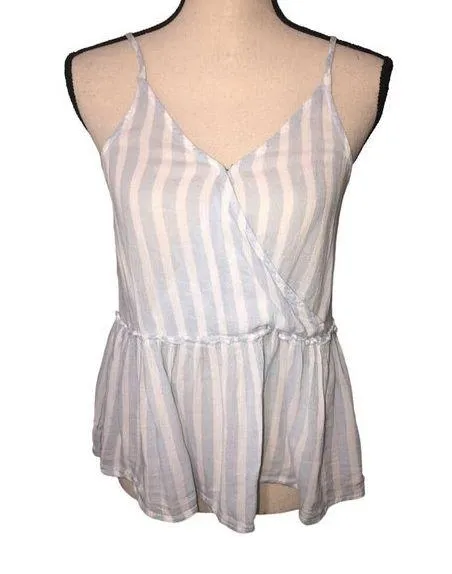 American Eagle Womens M Top Cami Blue Striped Strappy Gauze Peplum Ruffle Hem - Image 1