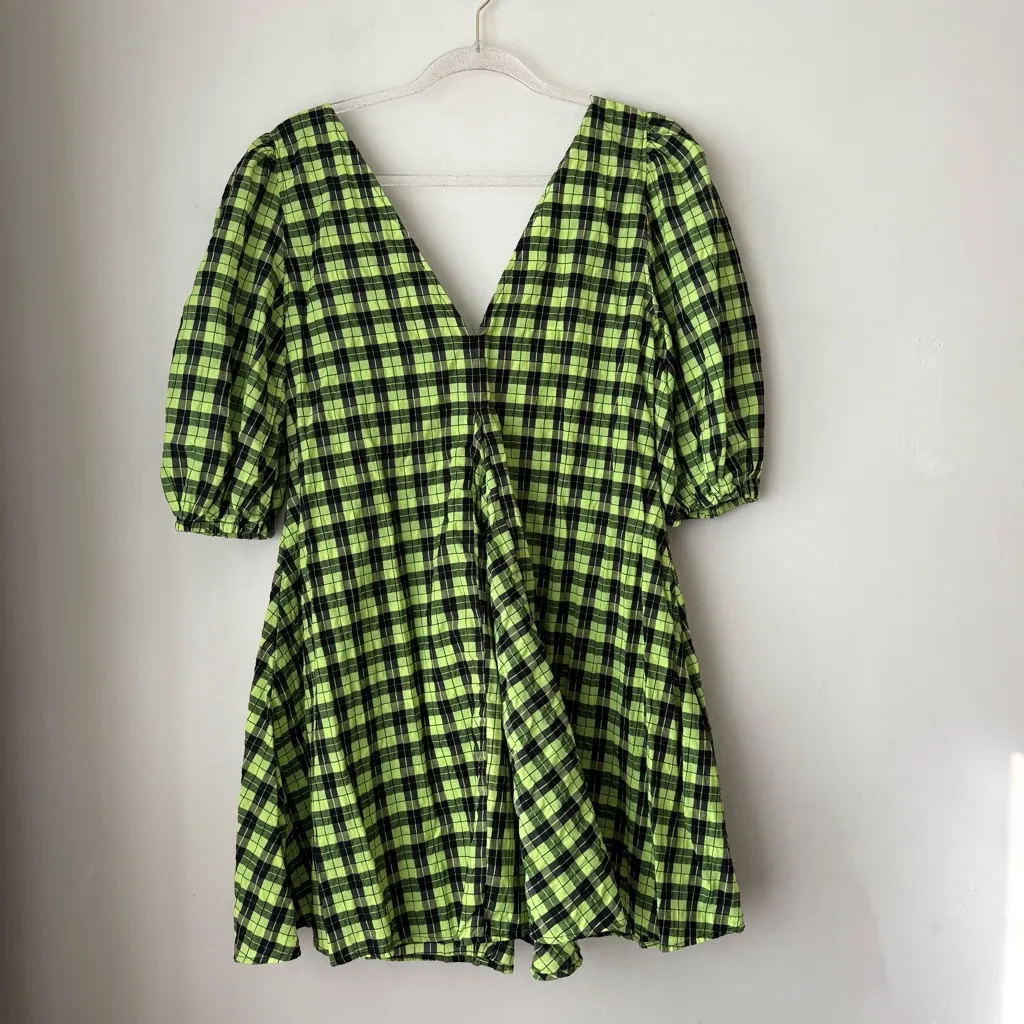 Ganni Green Seersucker Black Plaid Puff Sleeve Mini Dress 38 / US 6 / US M - Image 7