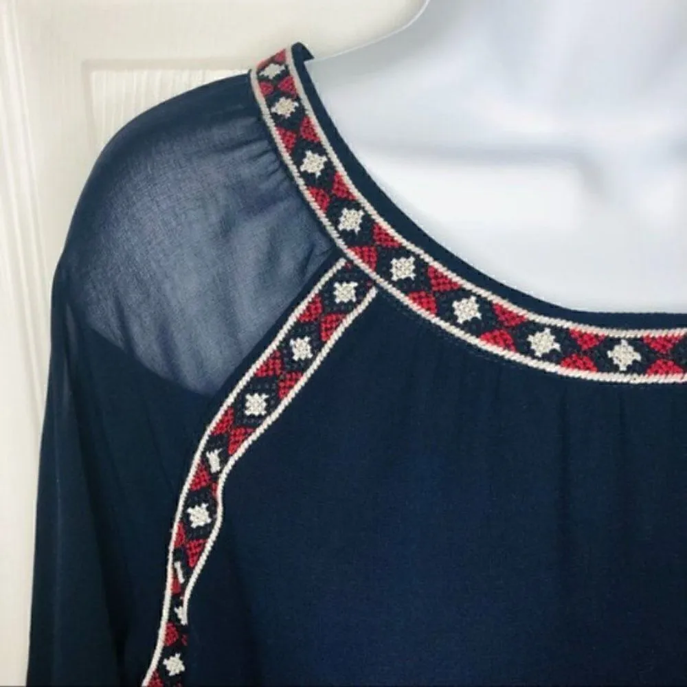 SKIES ARE BLUE Embroidered Mesh Blouse  Long sleeve Navy Blue and Red Top M - Image 8