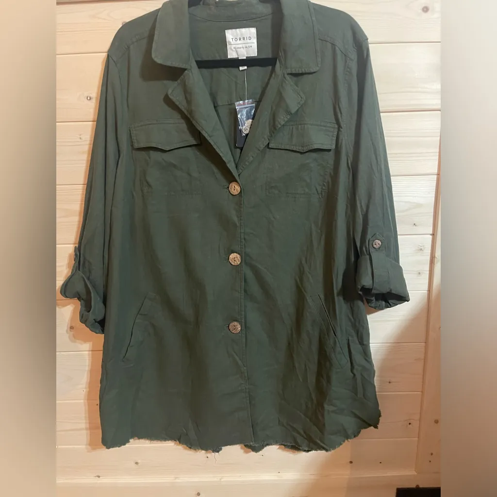 Torrid Olive Green Linen Self Tie Anorak Womens‎ Lagenlook Shirt NWT - Image 3
