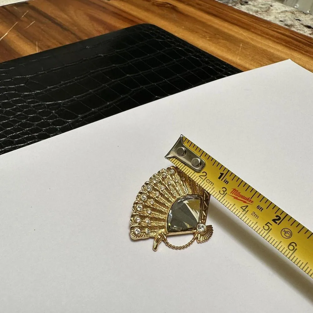 Swarovski (Swan Signed) Gold Tone Crystal Fan Mirror Brooch Pin - Image 2