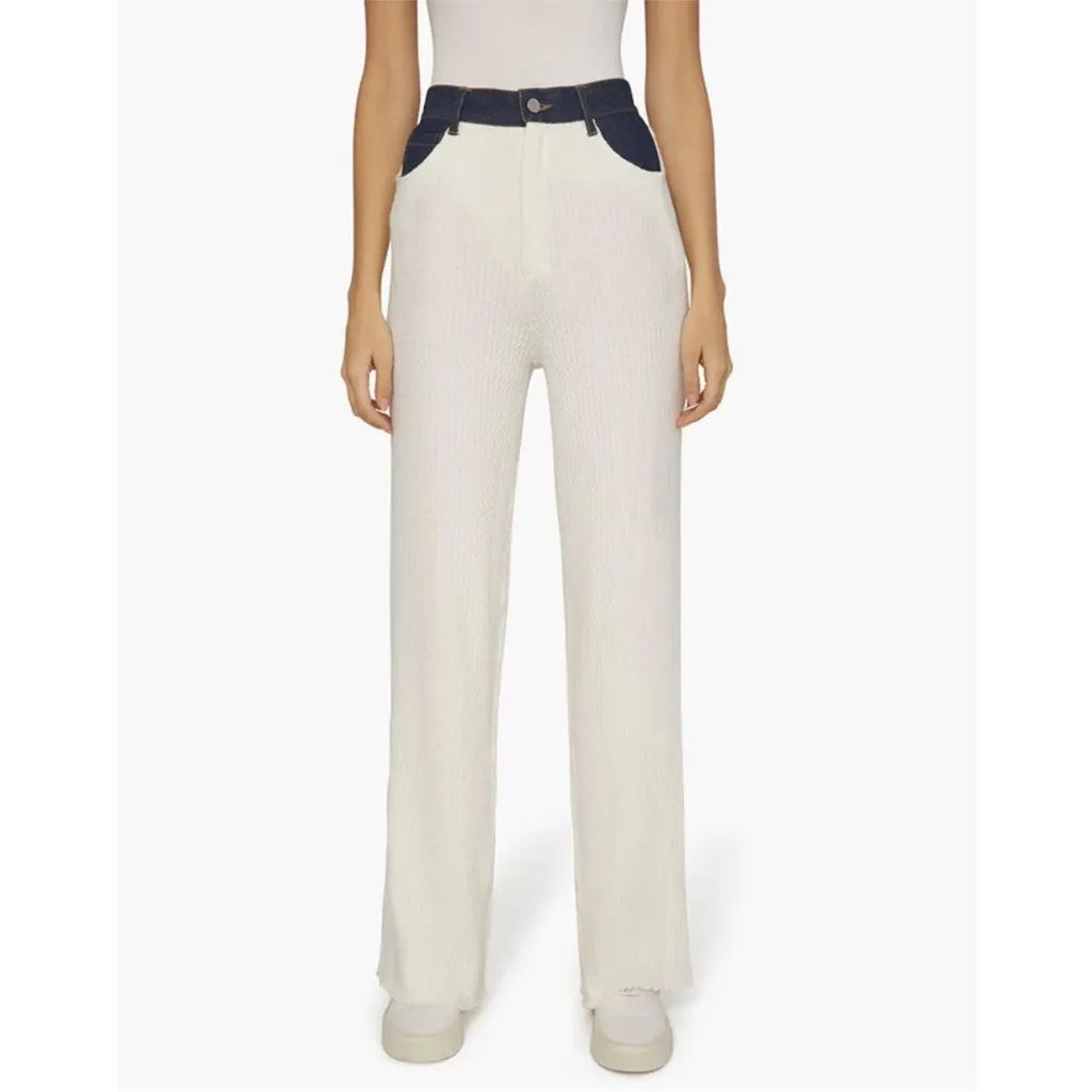 WeWoreWhat 28 NEW High Rise Denim Cable Knit Pants Ivory Wide Leg - Image 9