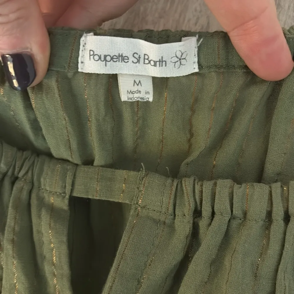 Poupette St Barth Long Sleeve Off Shoulder Tassle Tie Blouse Green Gold Shimmer Size M - Image 4