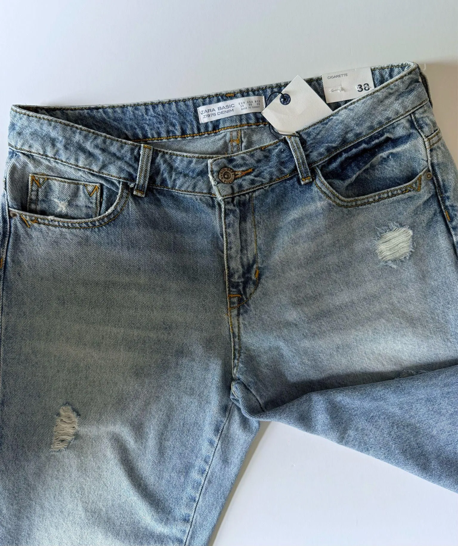 ZARA Z1975 Distressed Embroidered Bejewelled Blue Jeans Size 6 US Raw Hem Beaded Denim - Image 5