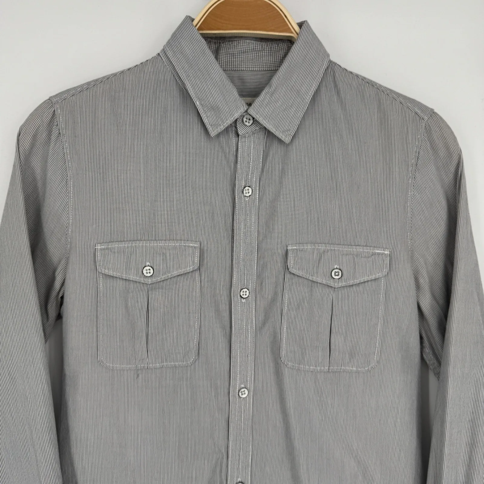 Rag & Bone Utility Shirt Dress Size Small Blue White Micro Stripe Button Front - Image 2