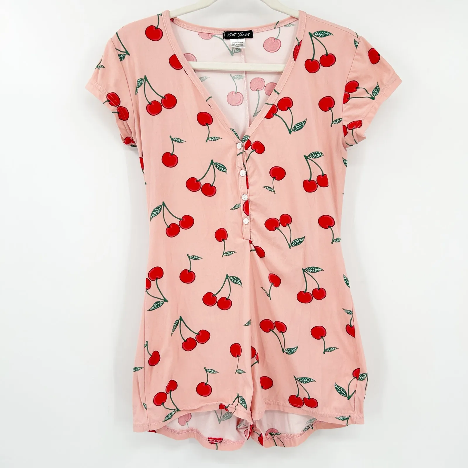 Not Tired Womens Sweet Cherry Sleep Lounge Pajama Peekaboo Romper Size M Pink Size M - Image 3