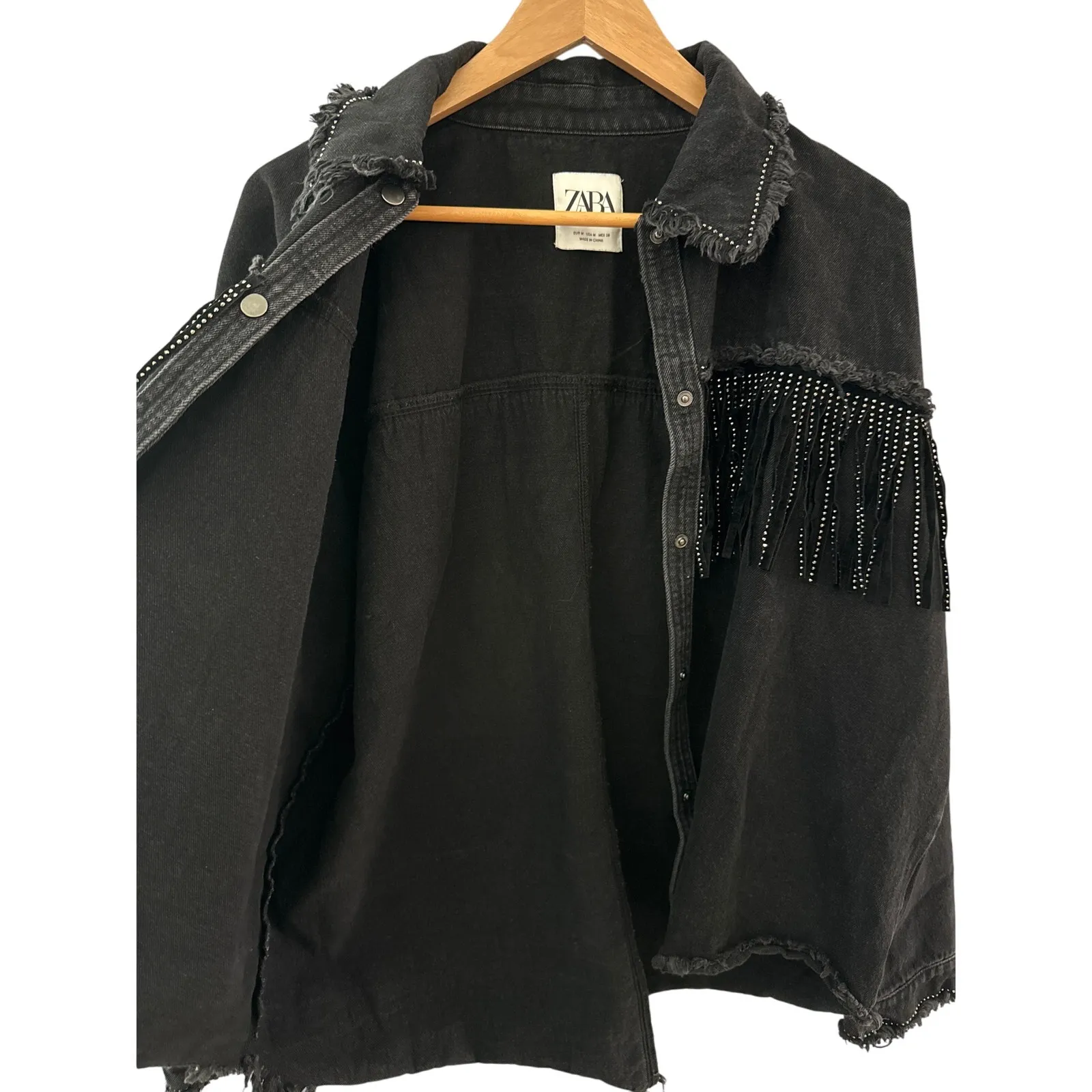 Zara Rhinestone Fringe Studded Jean Jacket‎  Black Size Medium - Image 7