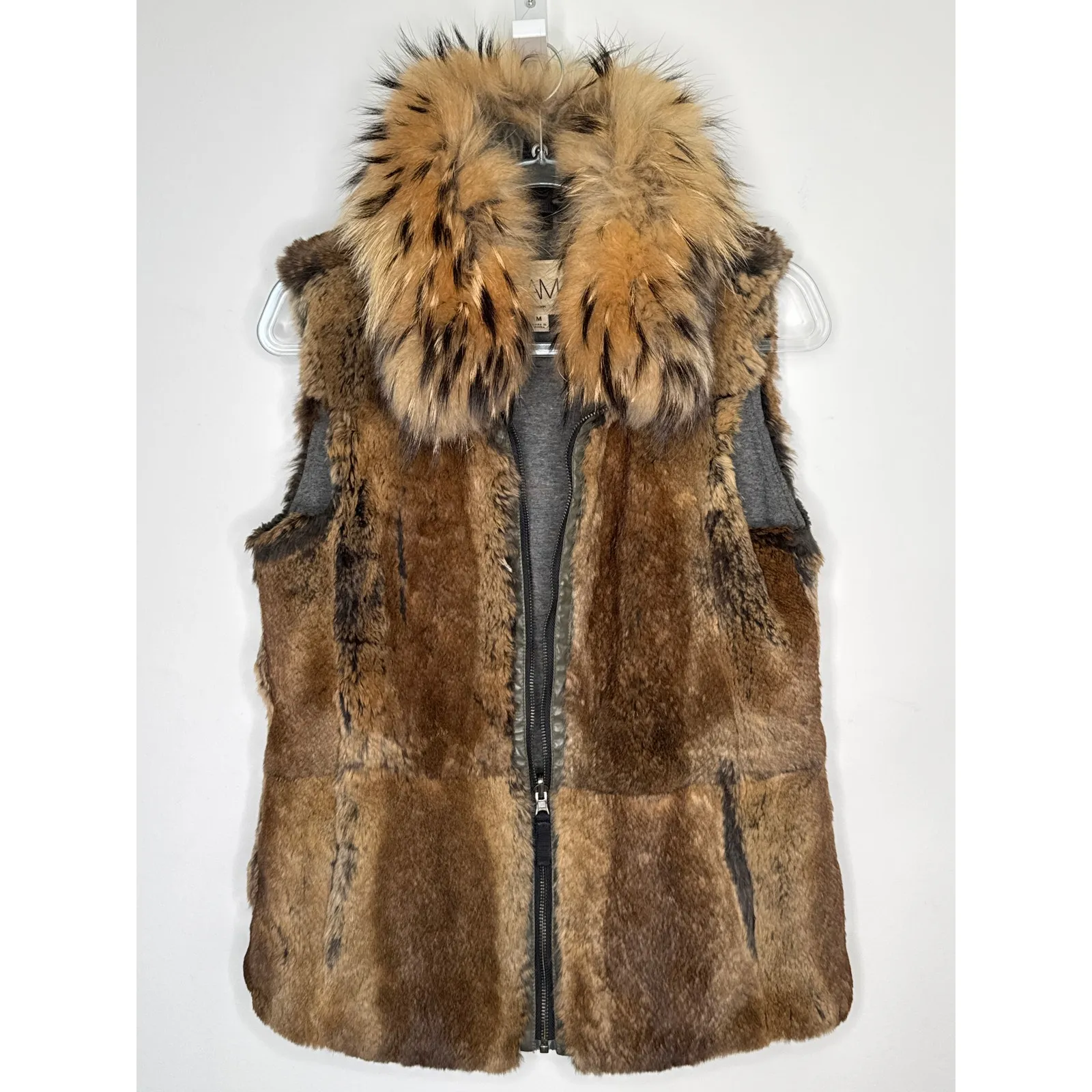 Late 2010s SAM. New York Rabbit Fur Vest w/ Raccoon Hood Trim – Size M Brown Size M - Image 5