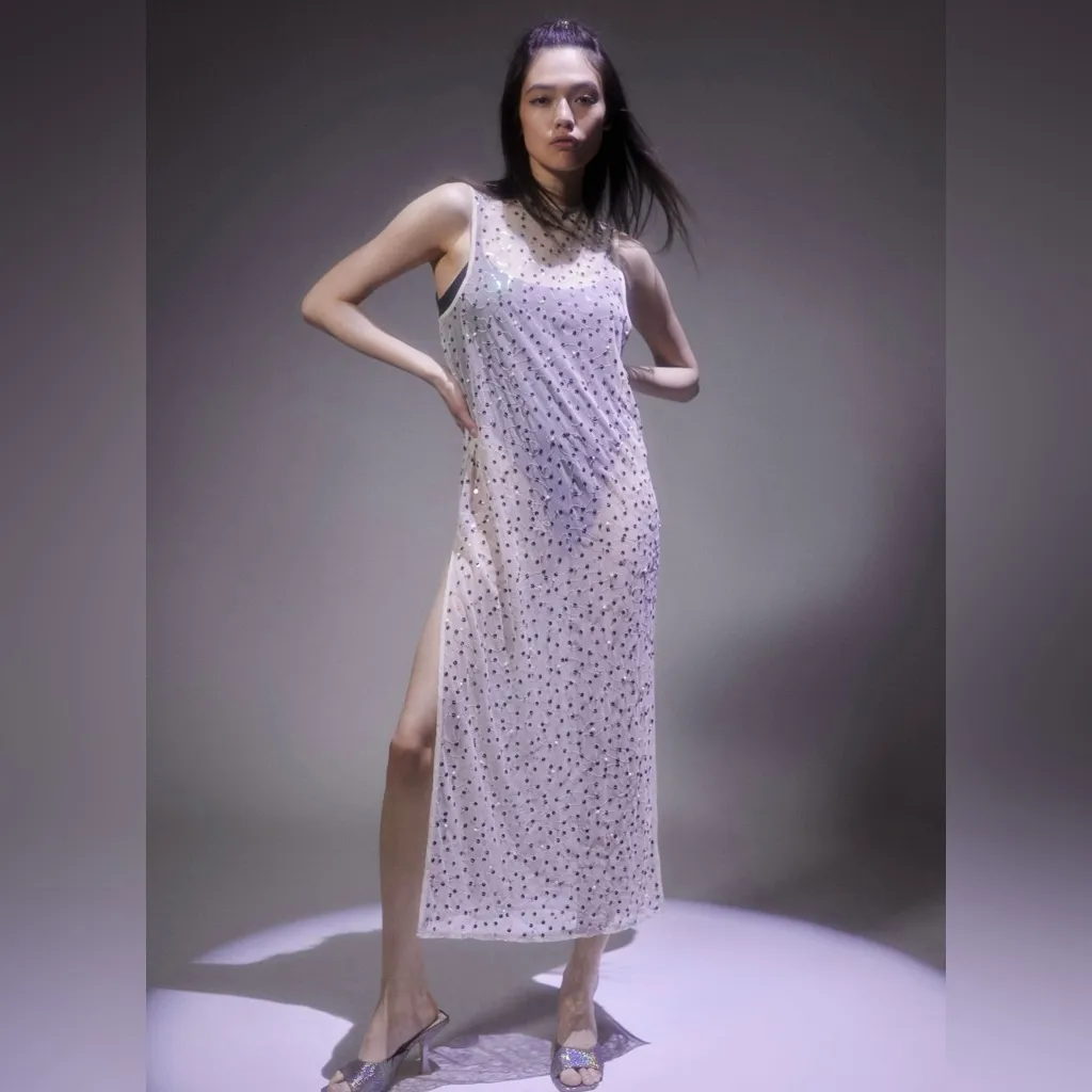 Urban‎ Outfitters Hunter Sheer Sequin Beaded High Leg Slit Midi Dress Size Small - Image 6