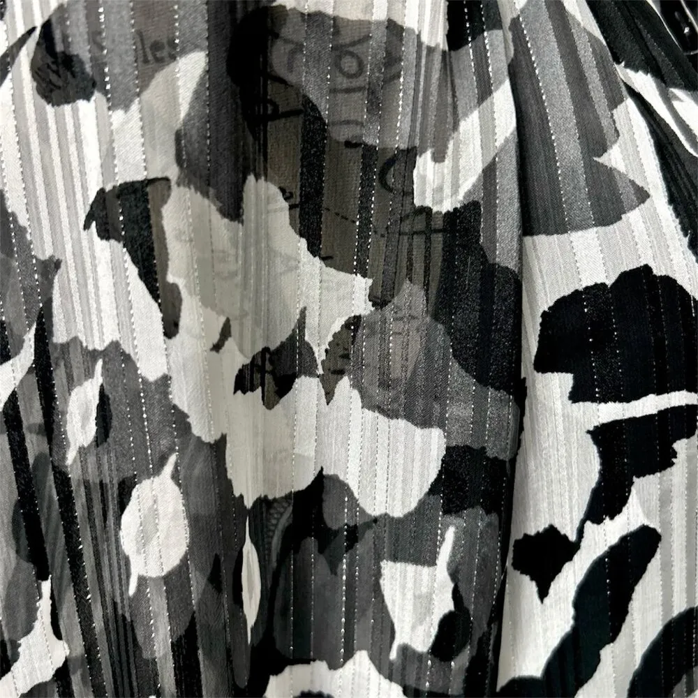 WHBM Black White Chiffon Belted Midi Dress Sheer Long Sleeve Cocktail Party S - Image 7