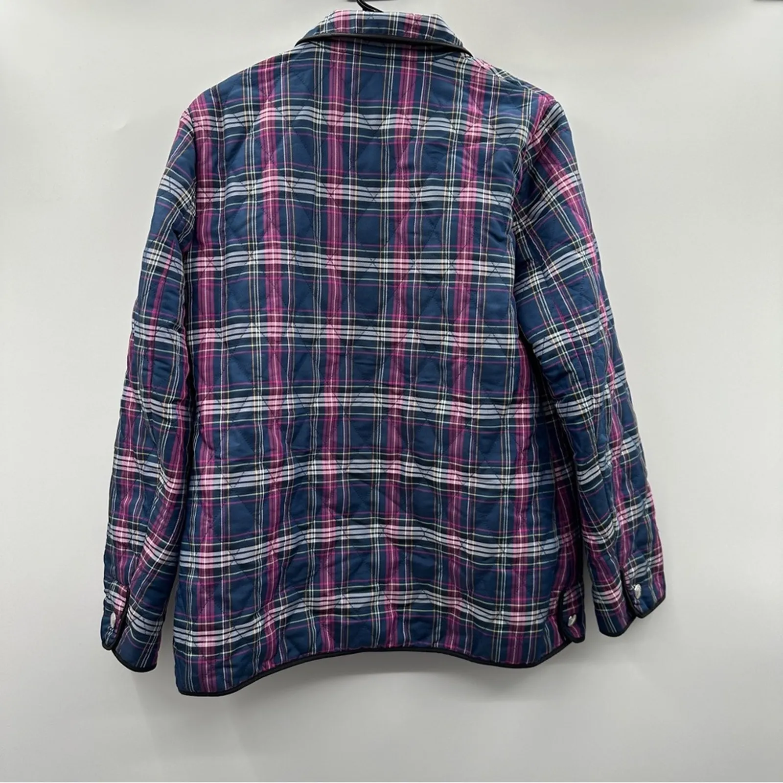 Coach Quilted Navy Blue & Purple‎ Plaid Print Long Sleeve Snap Front Jacket Sz M - Image 4