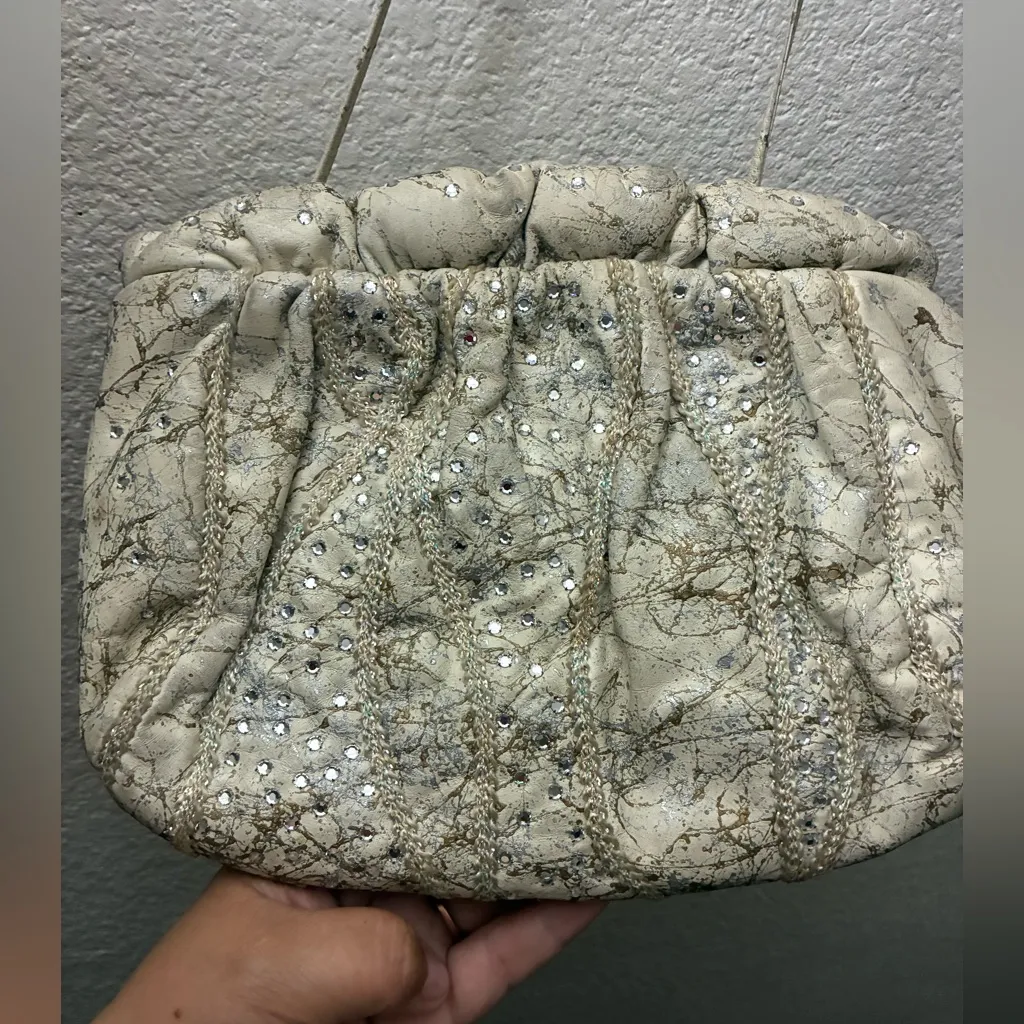 Vintage Rita Diana Elegant for Mylinka CreamWith Crystals Cinch Leather Bag Gray - Image 3