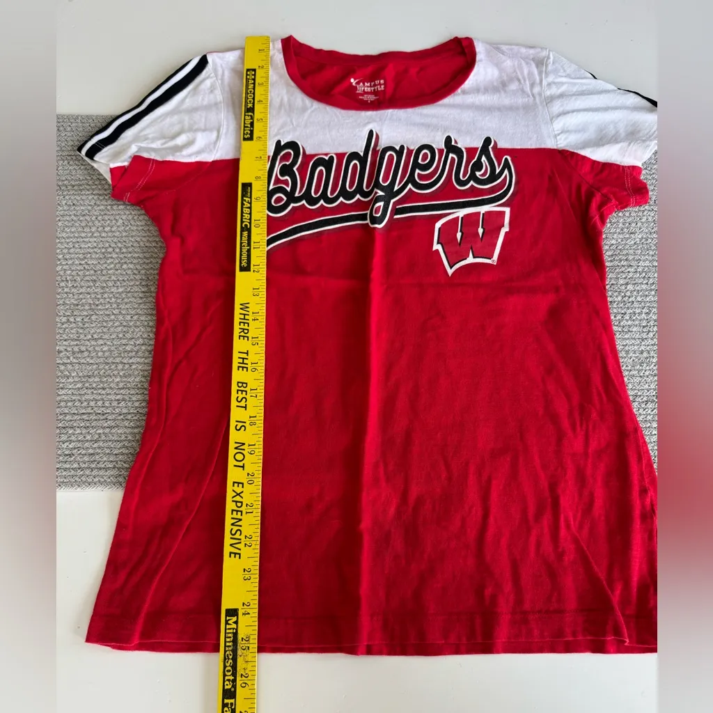 Wisconsin Badgers Red White Black Stripe Short Sleeve Women’s Tee Shirt Medium - Image 7