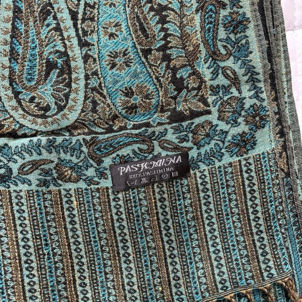 Metallic Tapestry Ethnic Paisley 100% Pashmina Scarf Turquoise Blue Gold Winter - Image 2