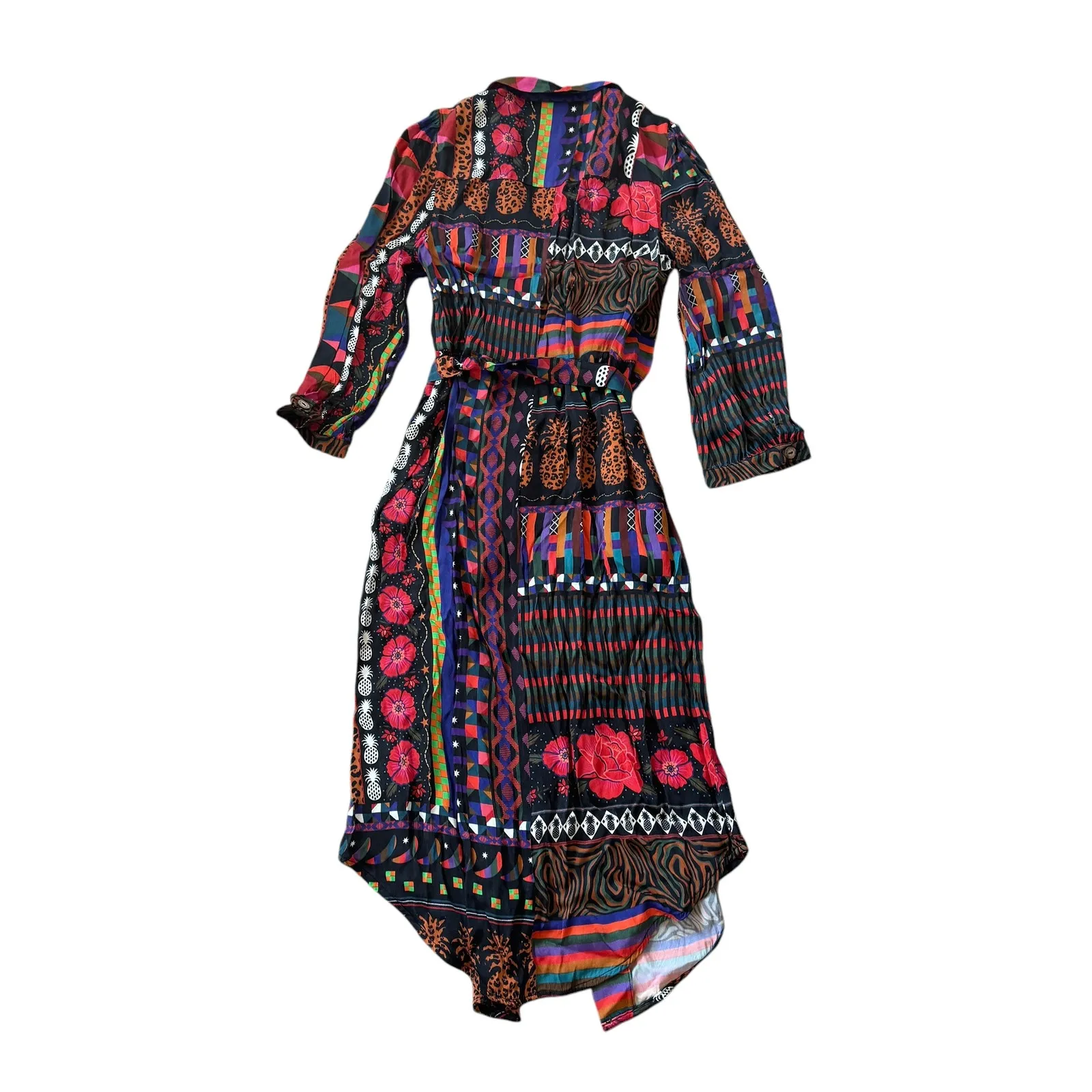 Farm Rio Anthropologie Midi Shirtdress Black Floral Patchwork - Image 5