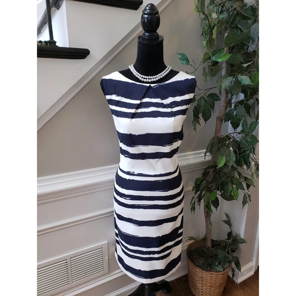 AB Studio Dress Women 16 Navy White Sheath Sleeveless Striped Career Stretch - Image 2