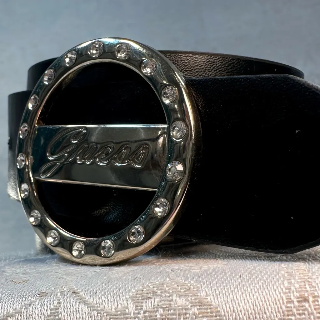 Guess Vintage Black Belt with Embellished Rhinestone Silver Buckle Size Small - Image 6