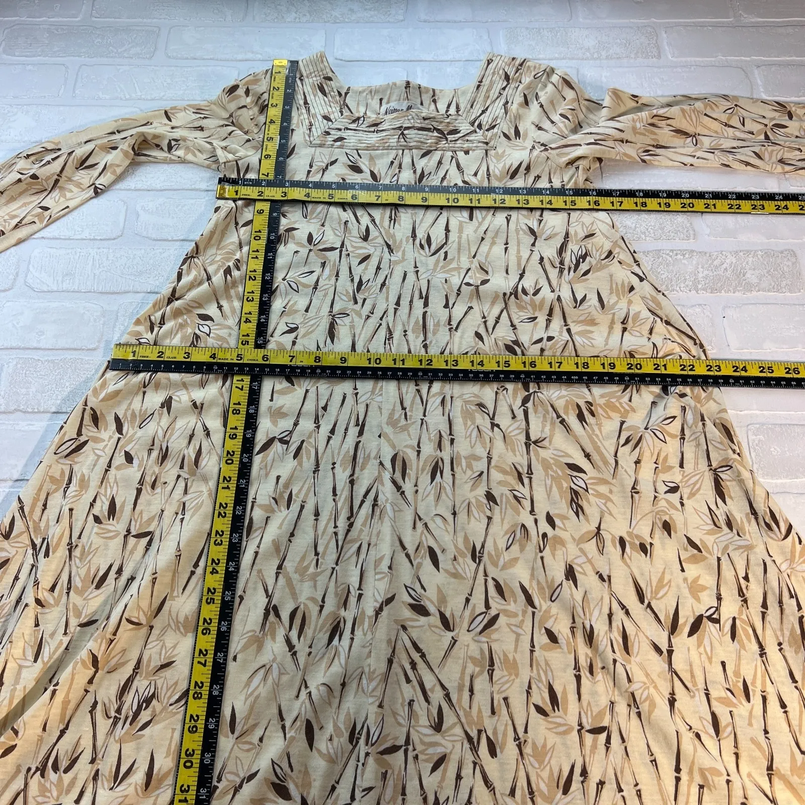 Vintage 70s Neiman Marcus Dress 6 Midi Bamboo Floral Belted A-Line Long Sleeve - Image 12