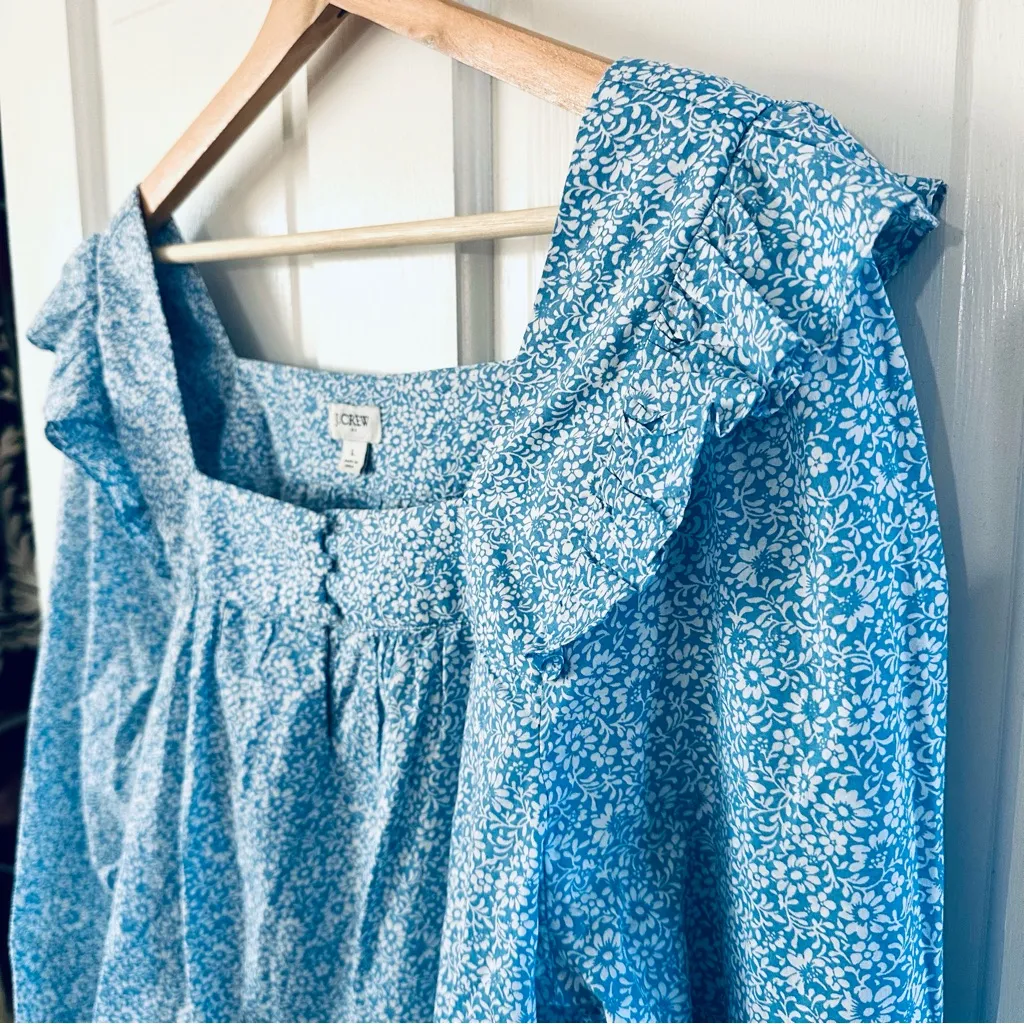 J. Crew Blue Ditsy Floral Top Cotton Ruffle Sleeve Square Neck Size L - Image 4