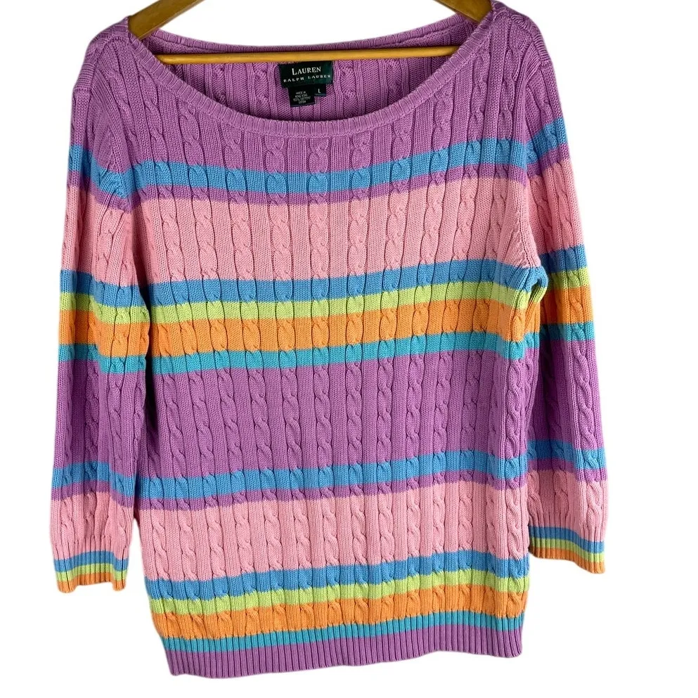 Vintage Lauren by Ralph Lauren Cable Knit Boat Neck Striped Sweater‎ Size Large - Image 2
