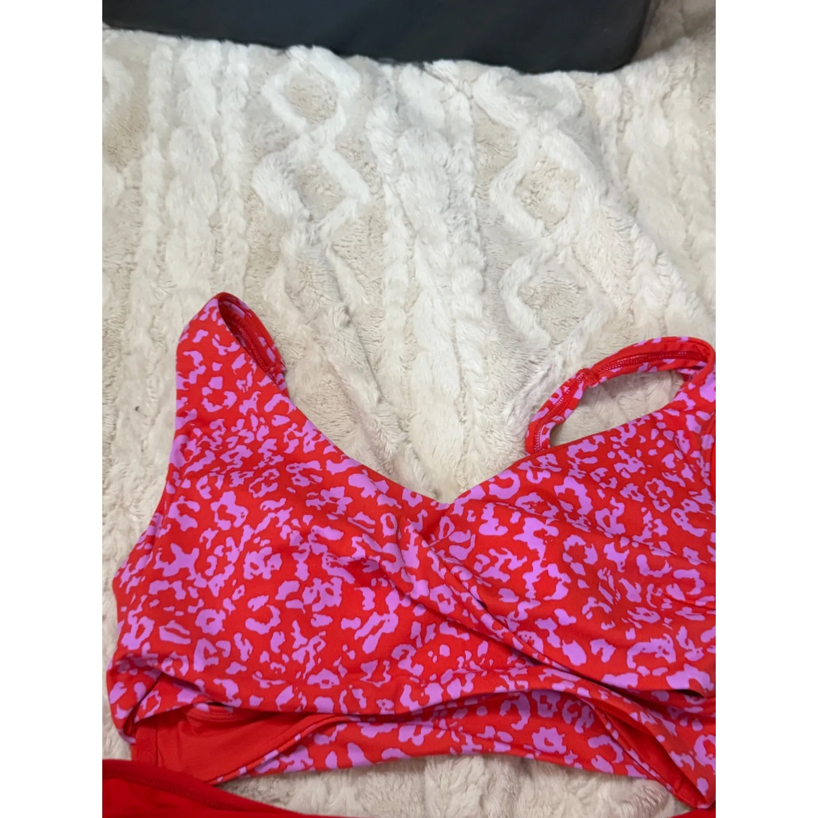 Athleta Red Pink Leopard Print Wrap Bikini Swimsuit Top Bra Bottoms Size 36DD L - Image 2