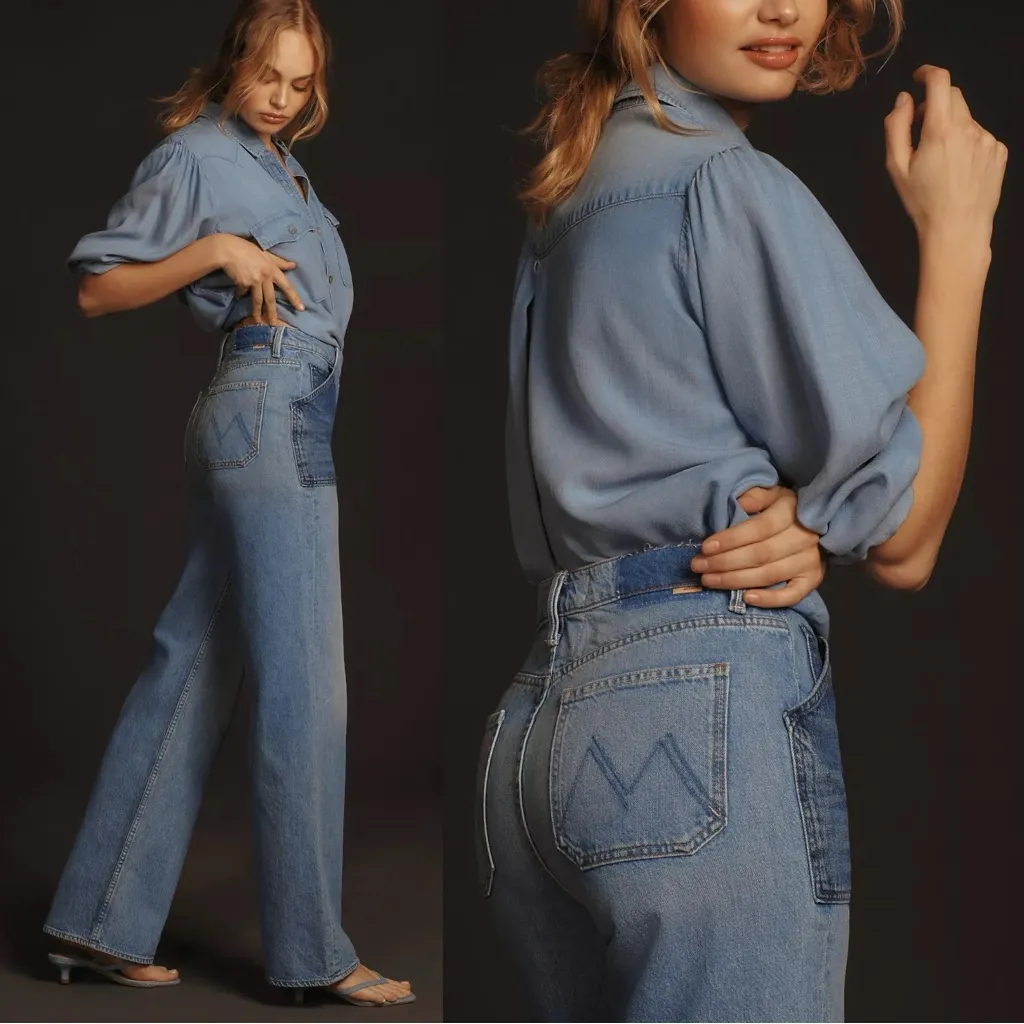 MOTHER Superior 32 Wide Leg High Rise The Patch Maven Heel Love Triangle Jeans Blue - Image 10