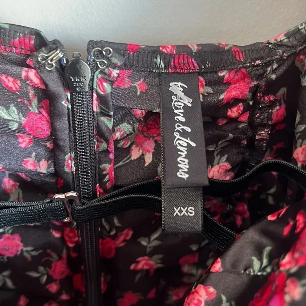 For Love & Lemons Melrose Satin Black and Pink Ruche Mini Puff sleeve dress - Image 8