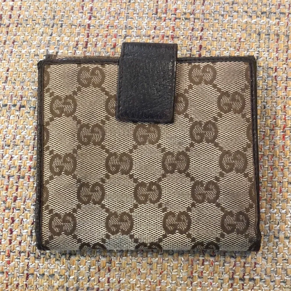 GUCCI GG Trifold Canvas Jacquard Wallet Brown Leather Accent Snap Closure - Image 2