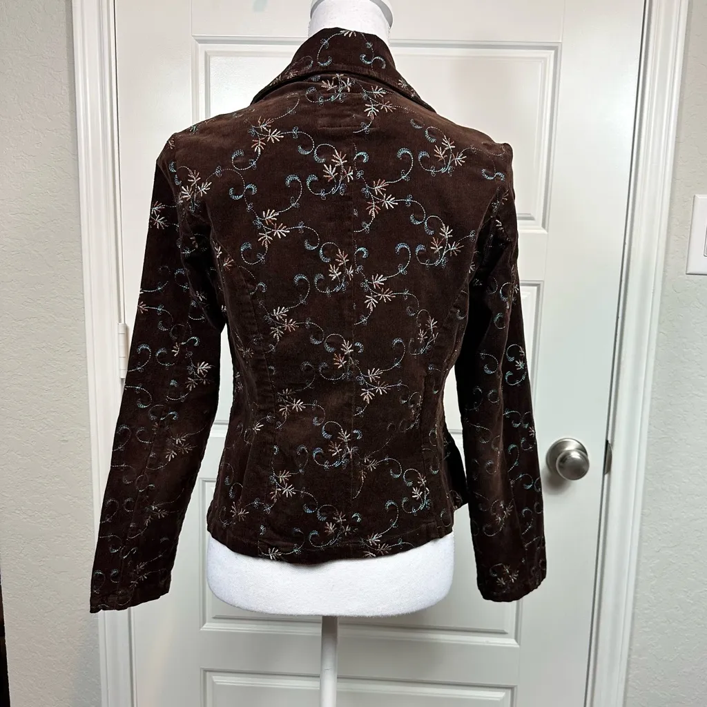 Vintage Live A Little Corduroy Brown Floral Embroidered Jeweled Button Blazer M - Image 5