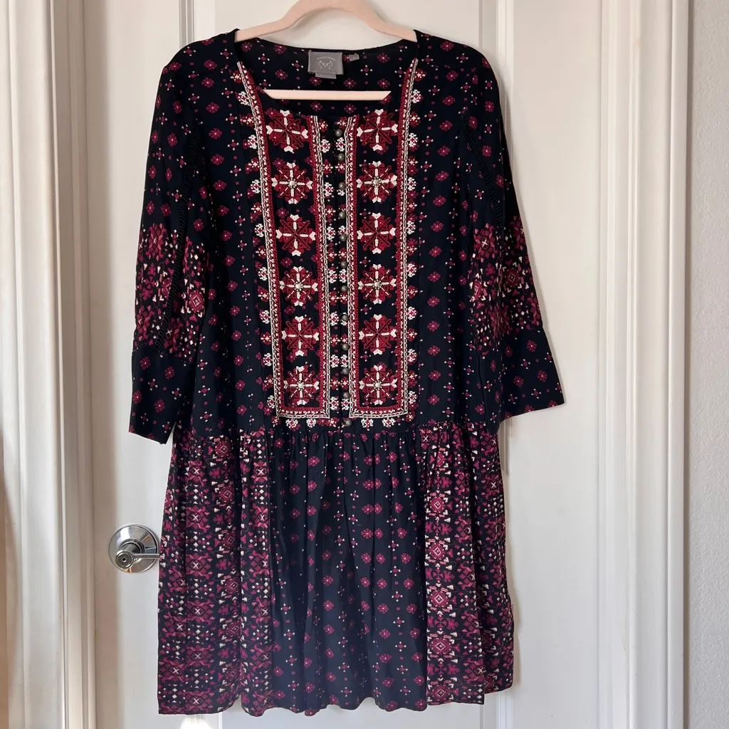 Anthropologie Vanessa Virginia Black Red Embroidered Mini Dress Viscose Medium - Image 2