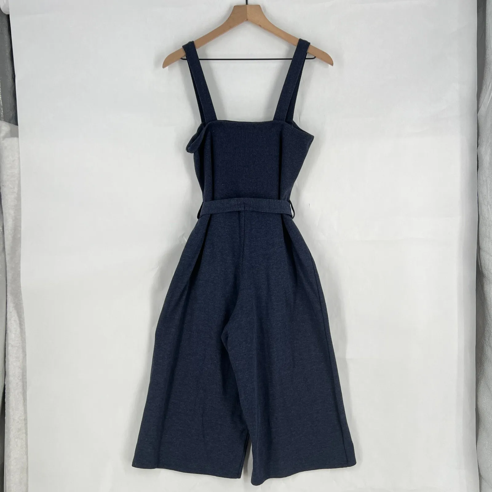 Venus Culotte Jumpsuit Womens L Blue Ribbed Tie Waist Cropped Wide Leg One Piece - Image 7