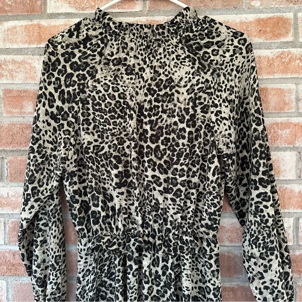 Banana Republic Leopard Animal Print Midi Dress Long Sleeve Women’s 2 Gray Black - Image 10