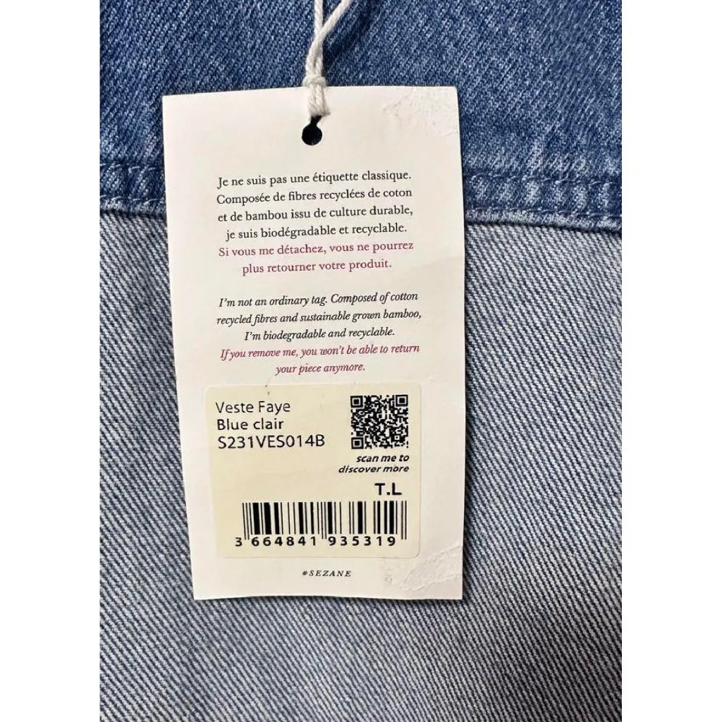 NWT Sezane denim FAYE JACKET vest Light Blue SZL run small bust39 - Image 8