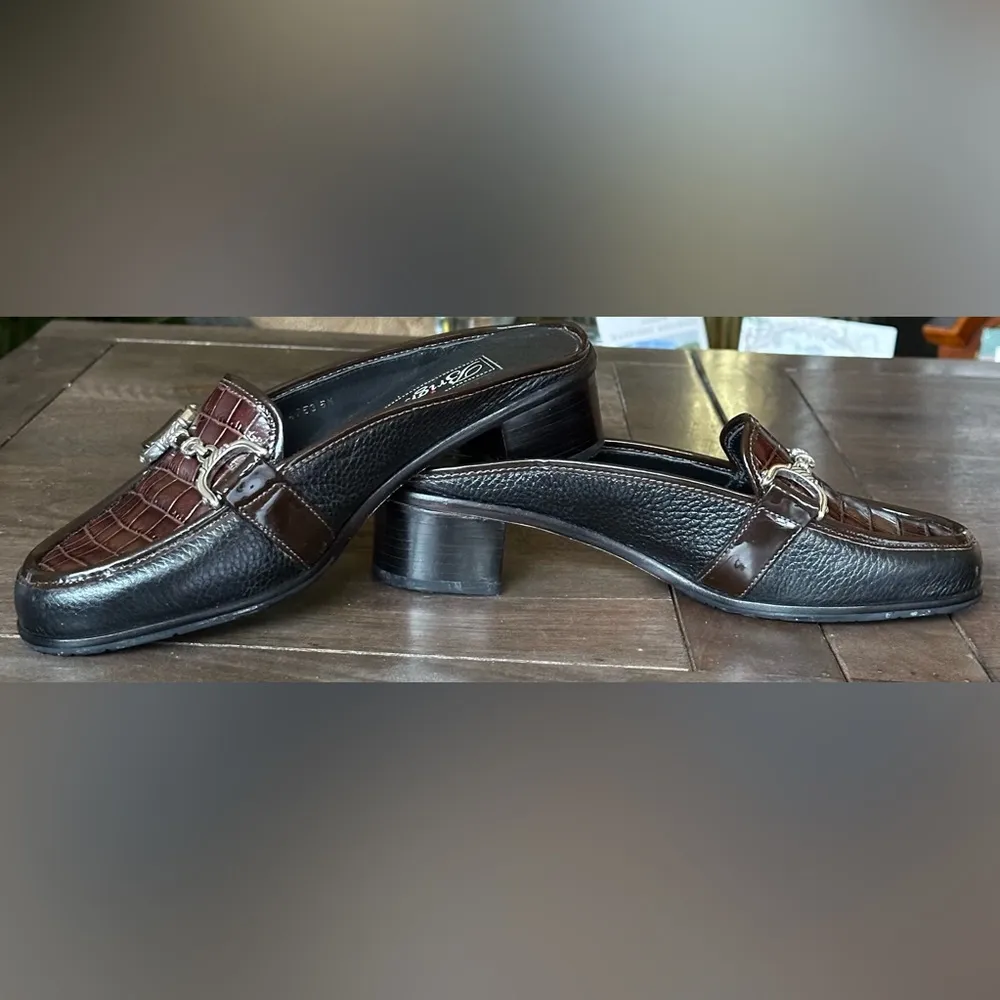 Austen Mules Brown Croc And Black Leather Open Back Slip On Sz 5 - Image 2