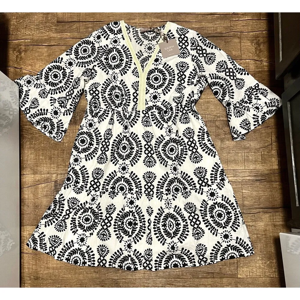 NWT SAIPH LAB Cotton Bell Sleeves Santorini Mini Dress Size XL V Neck - Image 2