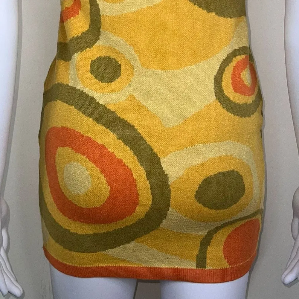 Cider Retro Patterned Collared‎ Knit Orange & Yellow Mini Festival Dress - Image 8