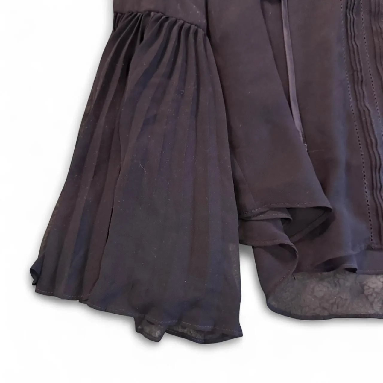 WHBM White House Black Market Black Pin tuck Sheer Bell Sleeve Blouse Top Sz 14 - Image 2