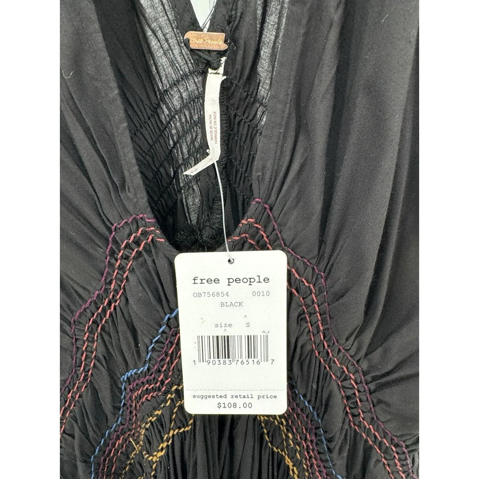 Free People Black Rainbow Smocked Boho Mini Dress S Ruched‎ Embroidered NWT - Image 9