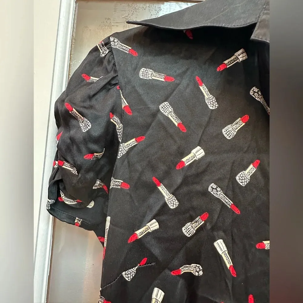 Vintage Bebe Y2K Black Silk Lipstick Printed Button Front Shirt Dress Size Small - Image 4