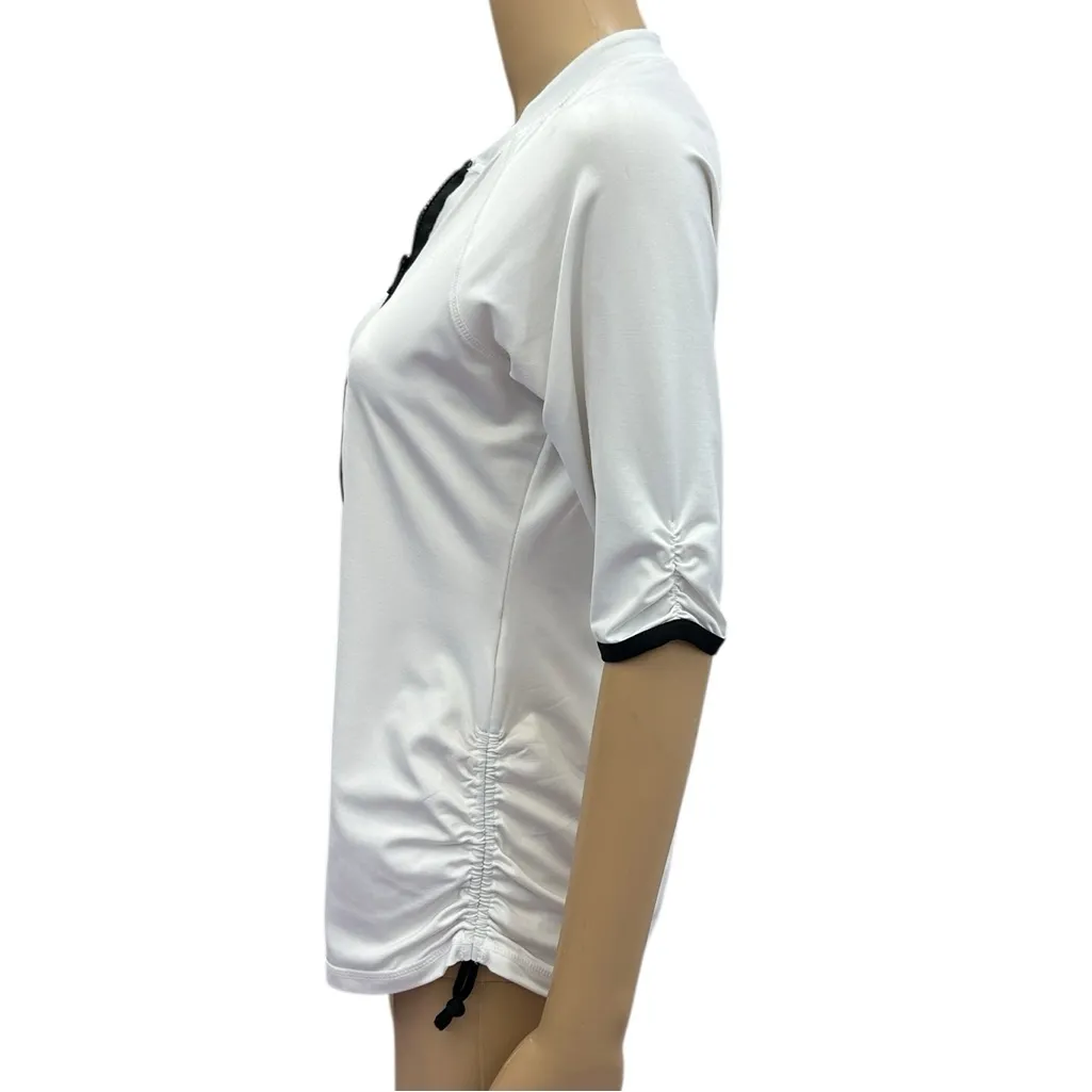 Jag Zip Up Front Half Sleeve Ruched Crew Neck Top White Black Womens Medium - Image 5